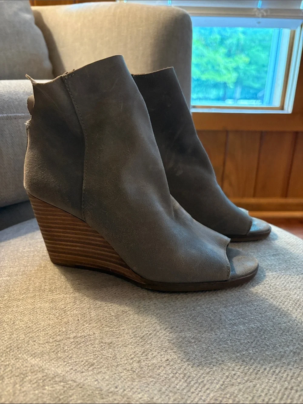 Lucky Brand Gray Open-Toe Wedge Booties, size 6, worn twice, soft leather